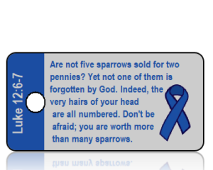 Colon Cancer Ribbon - Luke 12 vs 6 and 7 - Blue on Gray Background