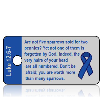 Awareness07 - Colon Cancer Ribbon - Luke 12 vs 6 and 7 - Blue on Gray Background