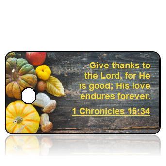 ScriptureTagT25 - NIV - 1 Chronicles 16 vs 34 - Thanksgiving Pumpkin Border on Wood Panel