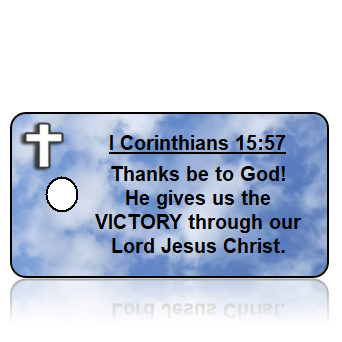 ScriptureTagT26 - NIV - 1 Corinthians 15 vs 57 - Blue Clouds White Cross