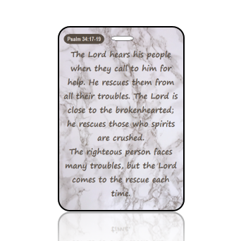 BagTagS18BBOBP - NLT - Psalm 34 vs 17 - 19 - Marble Taupe and White