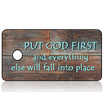 Inspiration21 - Put God First - Reclaimed Wood Brown Blue Hues Design Key Tag