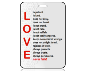 Love is Patient White Gray Geo Grid Scripture Bag Tag