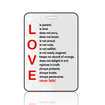 BagTagS23BBOBP - Love is Patient - White Gray GeoGrid