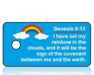 Genesis 9 vs 13 Rainbow with Clouds Blue Background Scripture Tag